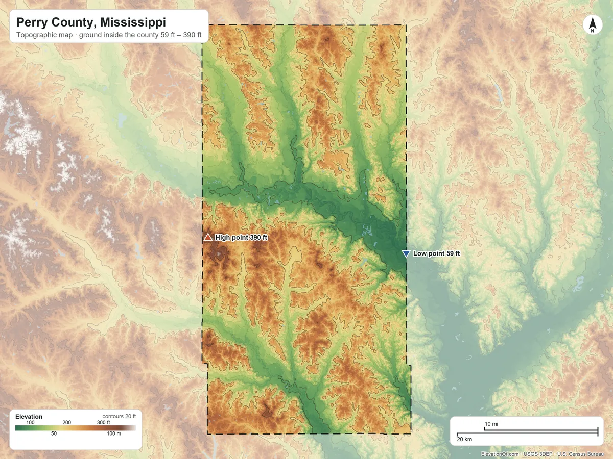 Topographic elevation map of Perry County, Mississippi, shaded from 59 ft on the east side to 390 ft on the west side