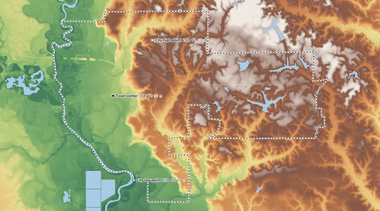 Topographic elevation map of Petal, Mississippi, shaded from 120 ft on the south side to 280 ft on the northeast side