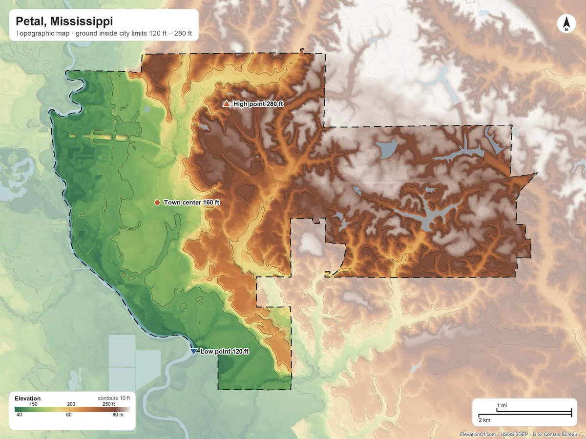 Topographic elevation map of Petal, Mississippi, shaded from 120 ft on the south side to 280 ft on the northeast side