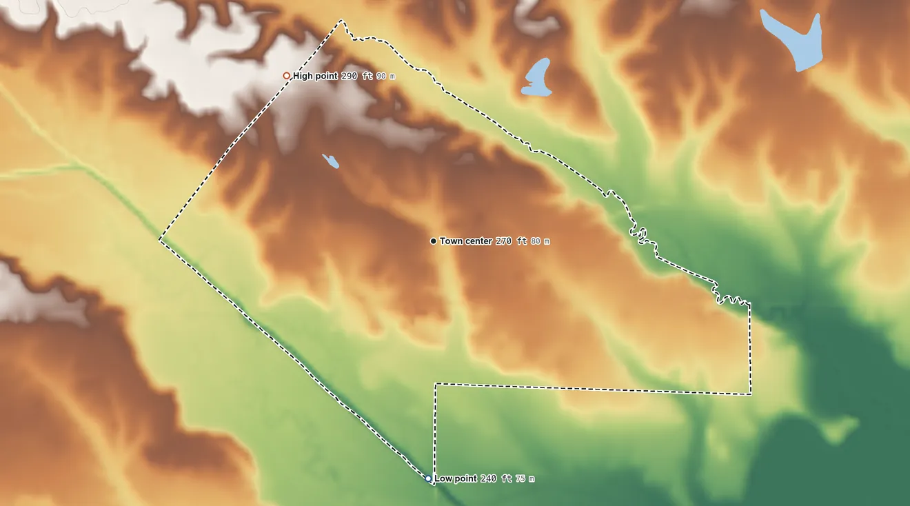 Topographic elevation map of Pheba, Mississippi, shaded from 240 ft on the south side to 290 ft on the northwest side