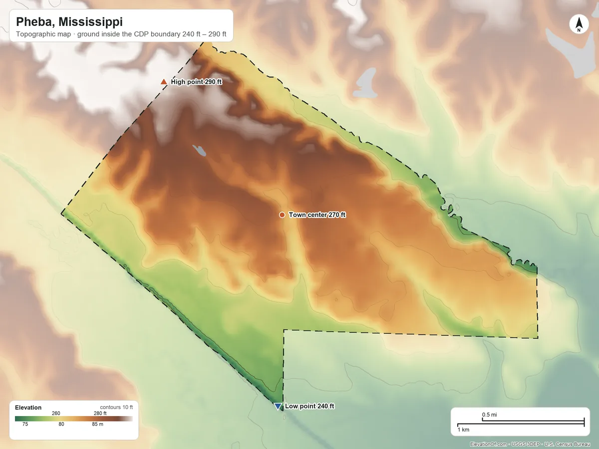 Topographic elevation map of Pheba, Mississippi, shaded from 240 ft on the south side to 290 ft on the northwest side