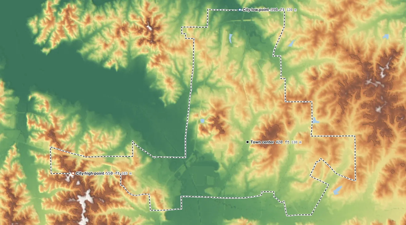 Topographic elevation map of Philadelphia, Mississippi, shaded from 390 ft on the north side to 550 ft on the west side