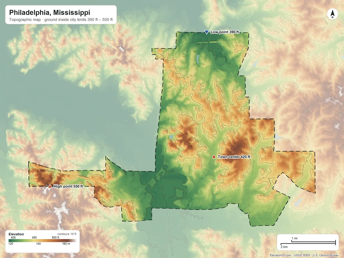 Topographic elevation map of Philadelphia, Mississippi, shaded from 390 ft on the north side to 550 ft on the west side