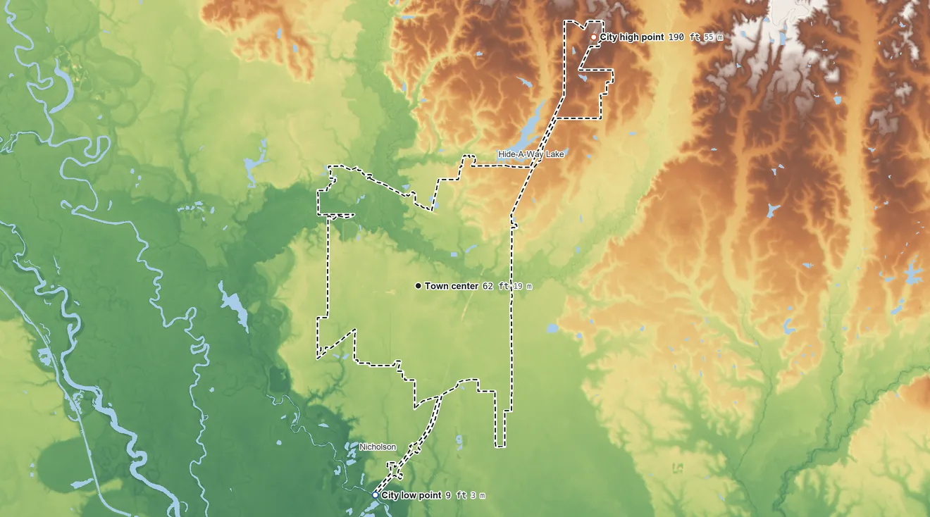 Topographic elevation map of Picayune, Mississippi, shaded from 9 ft on the south side to 190 ft on the northeast side