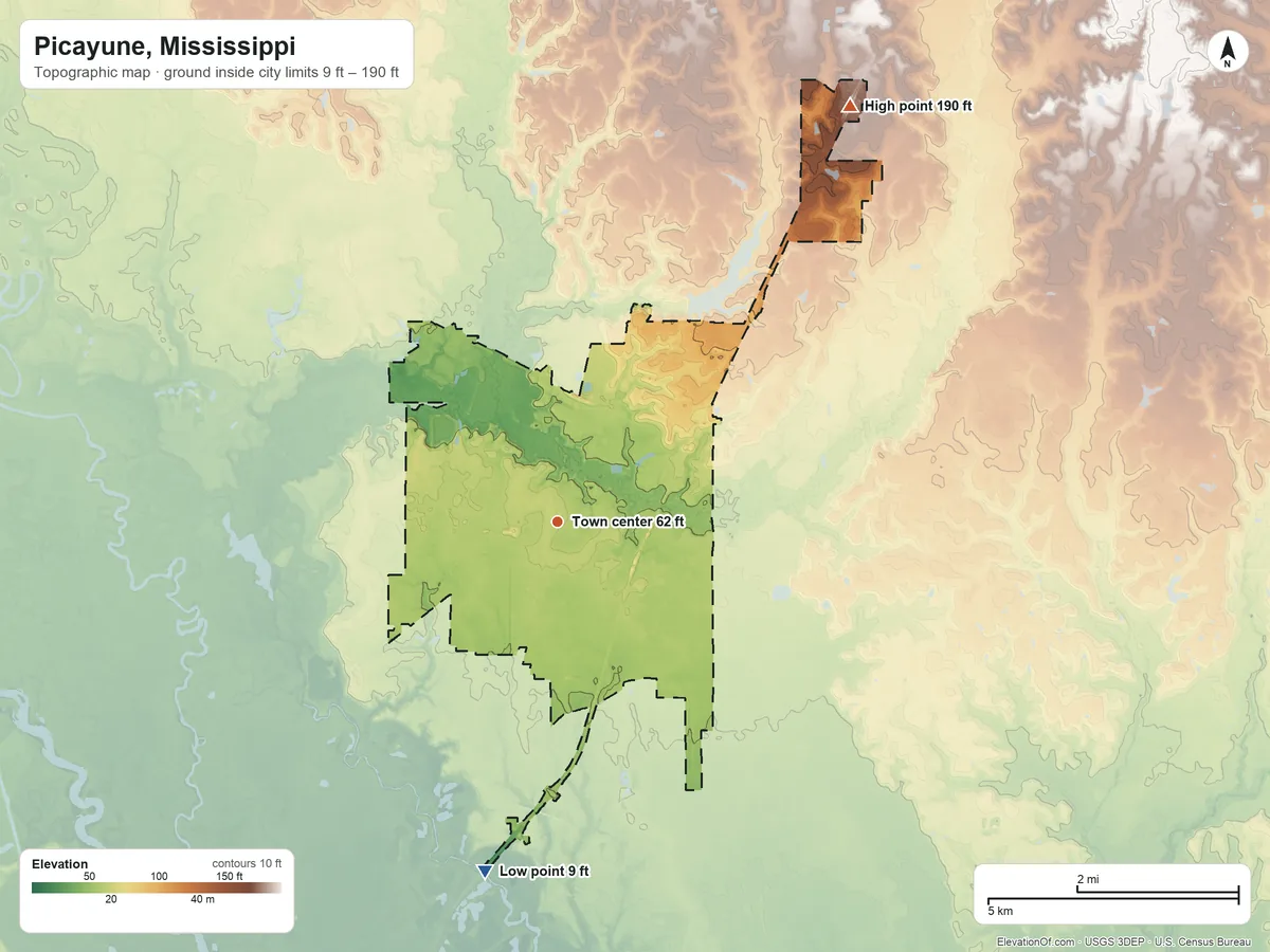 Topographic elevation map of Picayune, Mississippi, shaded from 9 ft on the south side to 190 ft on the northeast side