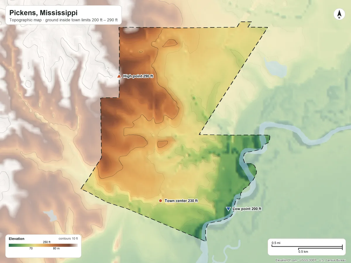 Topographic elevation map of Pickens, Mississippi, shaded from 200 ft on the east side to 290 ft on the north side