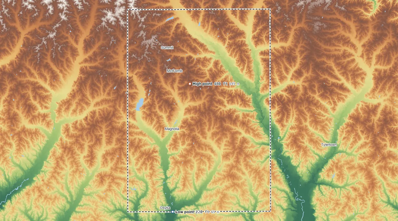 Topographic elevation map of Pike County, Mississippi, shaded from 220 ft on the south side to 480 ft on the north side