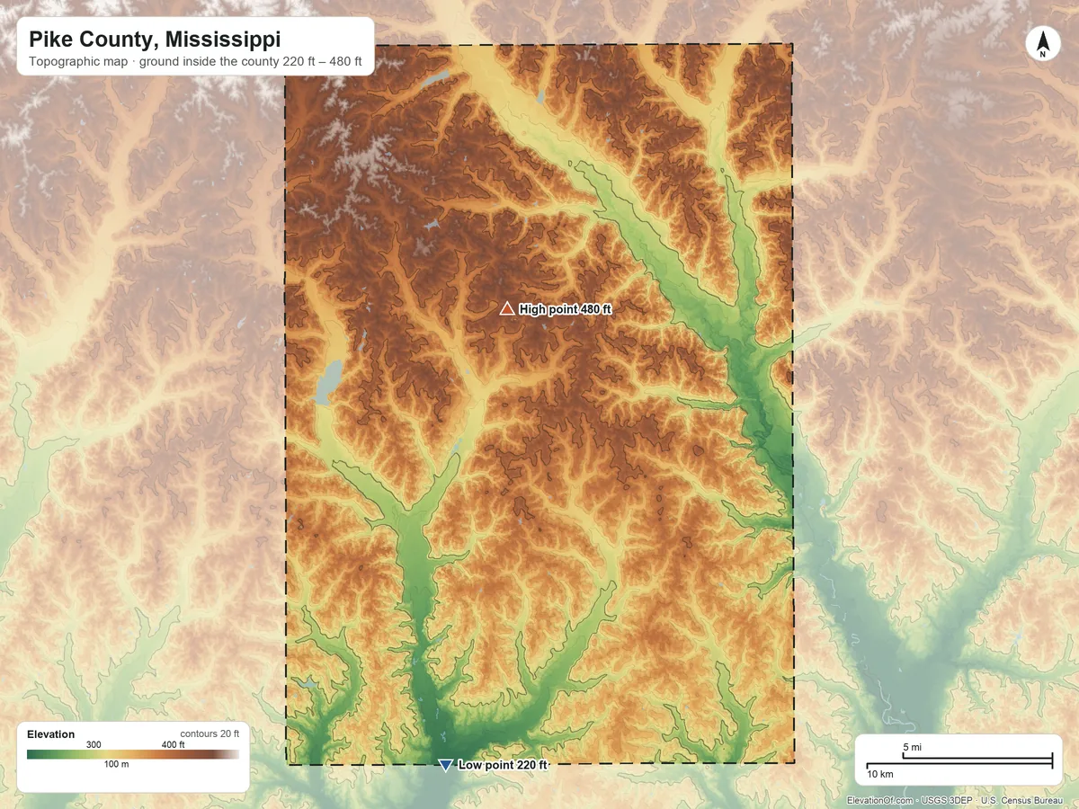 Topographic elevation map of Pike County, Mississippi, shaded from 220 ft on the south side to 480 ft on the north side