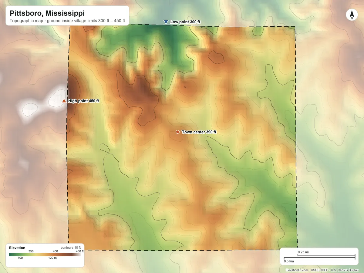Topographic elevation map of Pittsboro, Mississippi, shaded from 300 ft on the north side to 450 ft on the west side