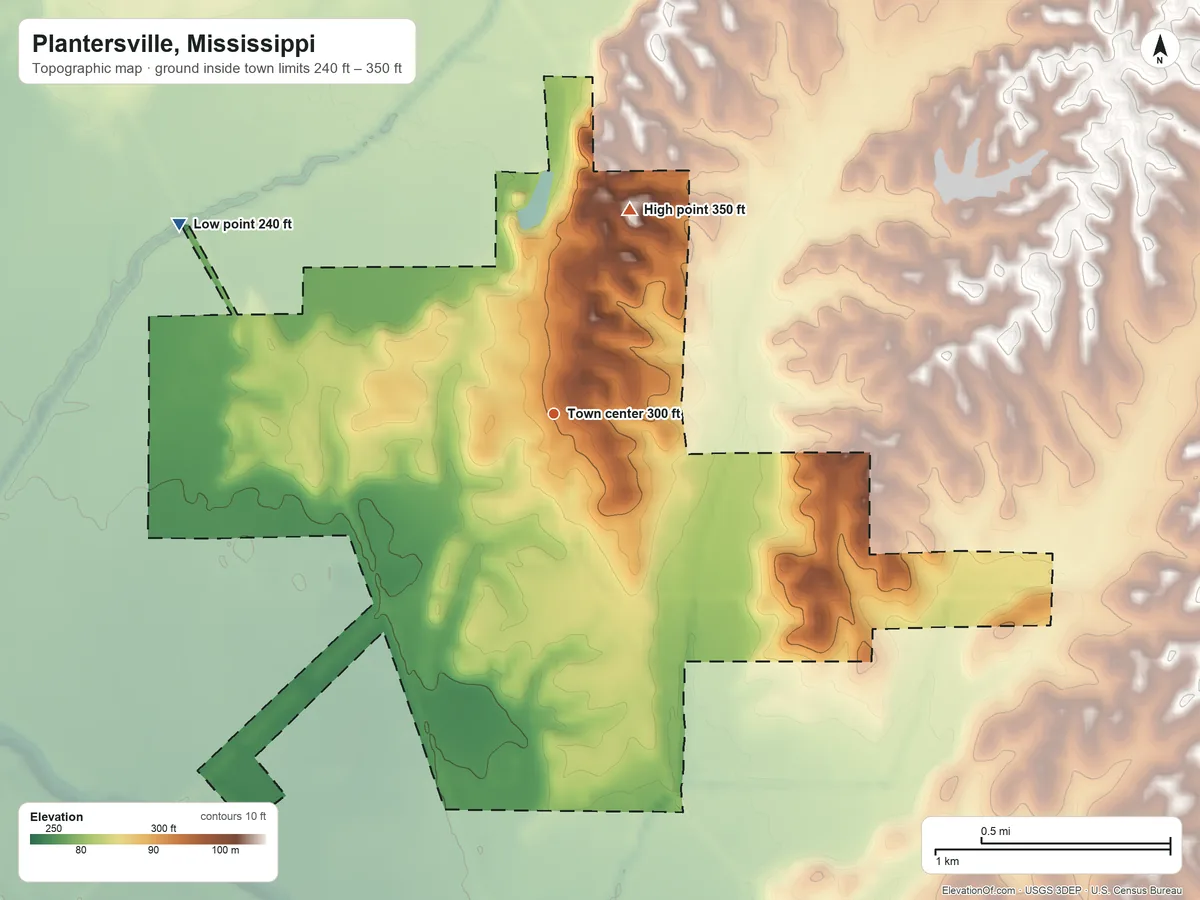 Topographic elevation map of Plantersville, Mississippi, shaded from 240 ft on the northwest side to 350 ft on the north side
