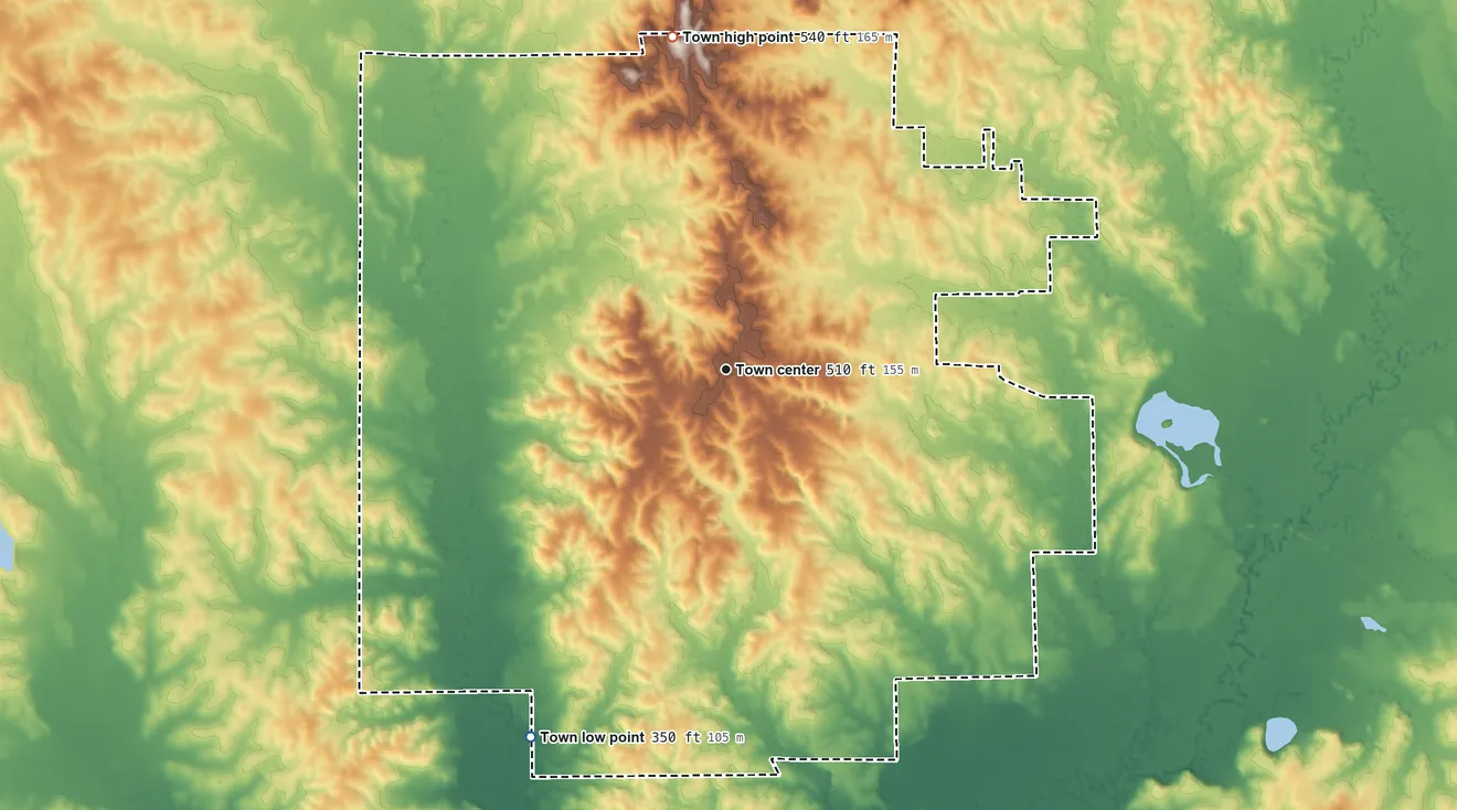 Topographic elevation map of Polkville, Mississippi, shaded from 350 ft on the southwest side to 540 ft on the north side