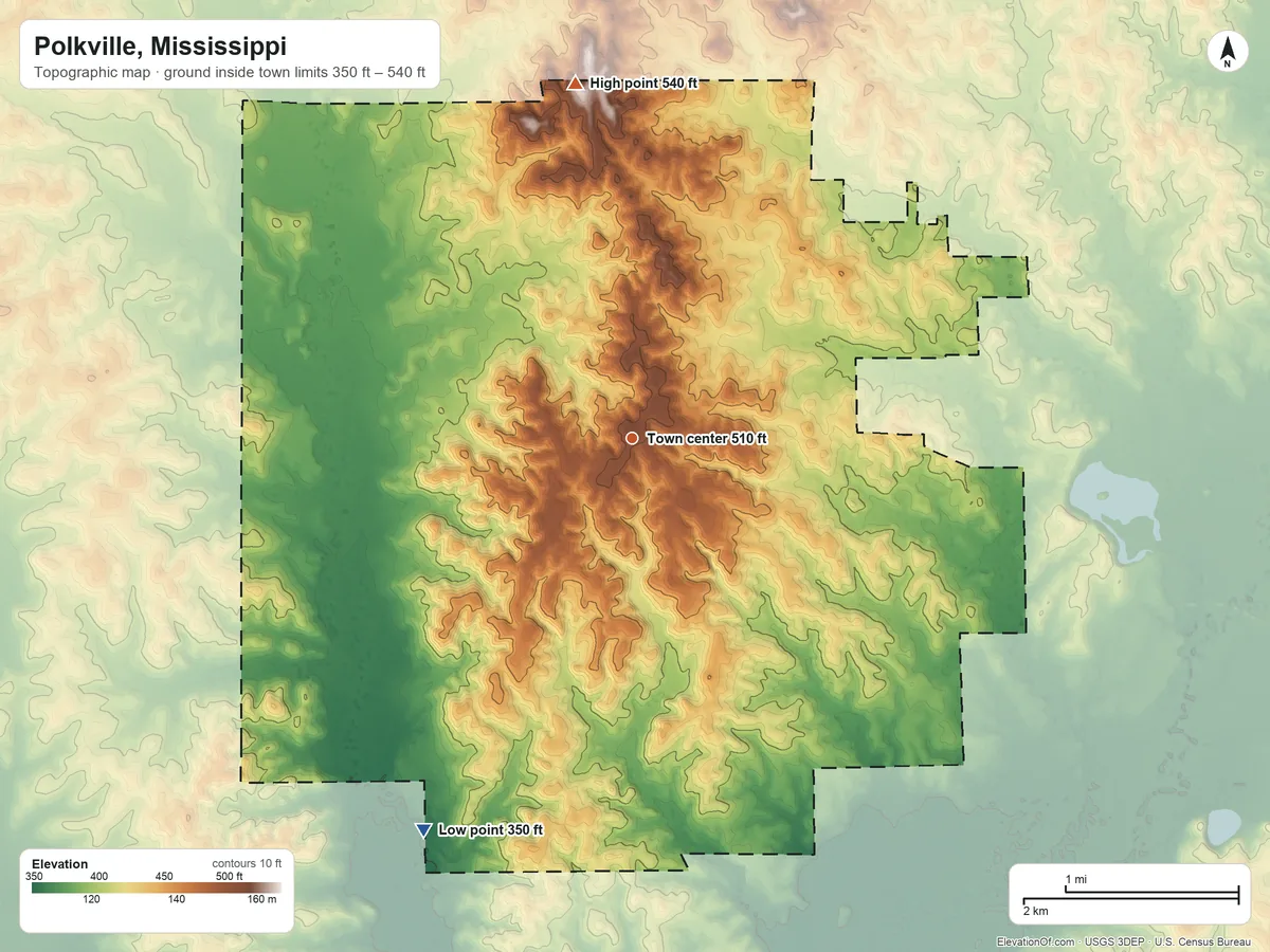 Topographic elevation map of Polkville, Mississippi, shaded from 350 ft on the southwest side to 540 ft on the north side