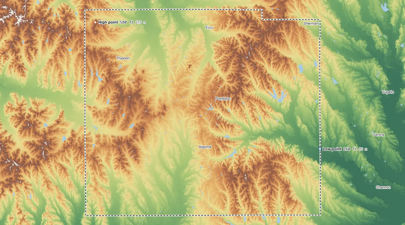 Topographic elevation map of Pontotoc County, Mississippi, shaded from 260 ft on the east side to 580 ft on the northwest side