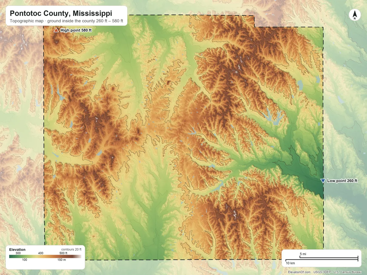 Topographic elevation map of Pontotoc County, Mississippi, shaded from 260 ft on the east side to 580 ft on the northwest side