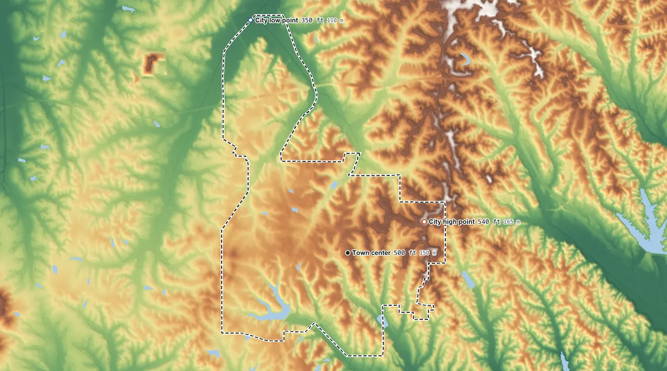 Topographic elevation map of Pontotoc, Mississippi, shaded from 350 ft on the northwest side to 540 ft on the east side