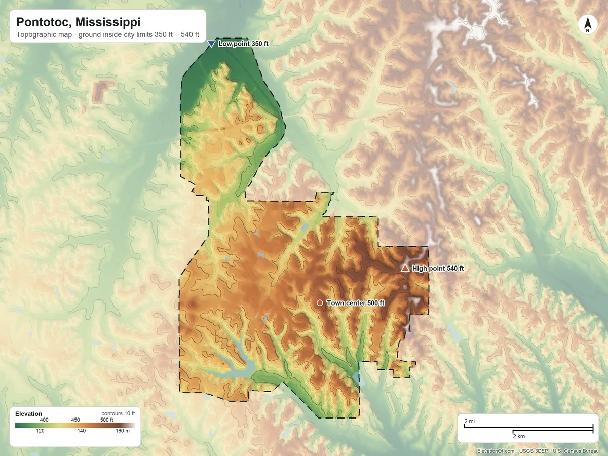 Topographic elevation map of Pontotoc, Mississippi, shaded from 350 ft on the northwest side to 540 ft on the east side
