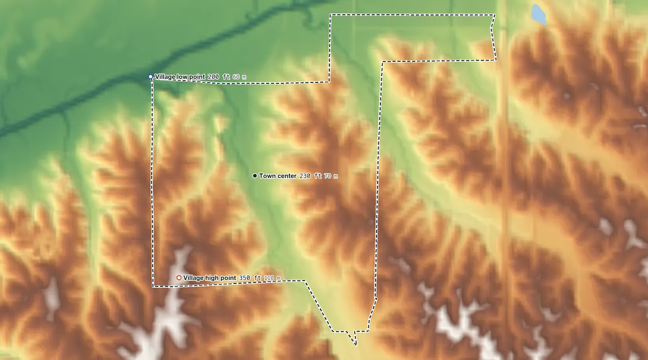 Topographic elevation map of Pope, Mississippi, shaded from 200 ft on the northwest side to 350 ft on the southwest side