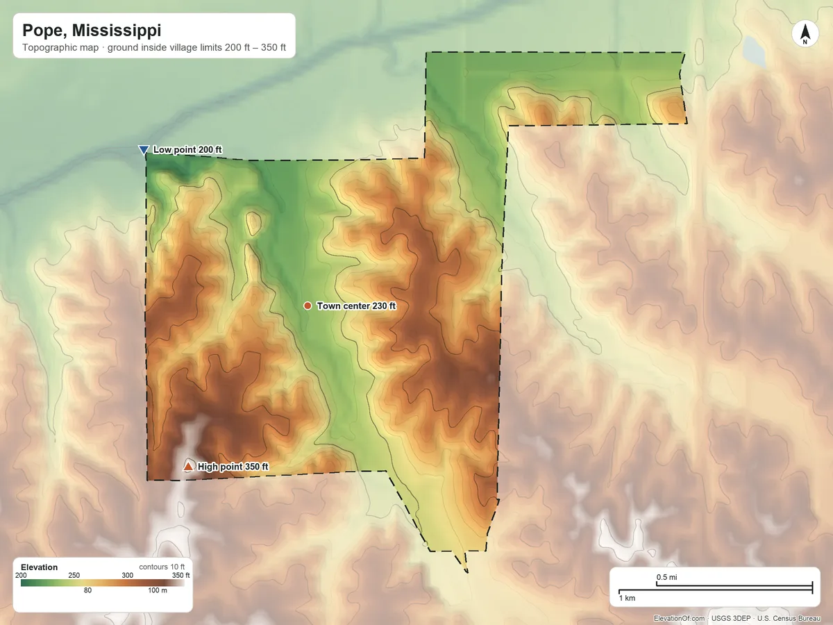 Topographic elevation map of Pope, Mississippi, shaded from 200 ft on the northwest side to 350 ft on the southwest side