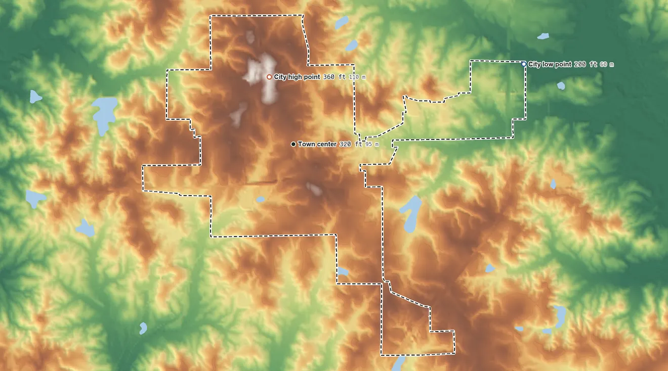 Topographic elevation map of Poplarville, Mississippi, shaded from 200 ft on the east side to 360 ft on the north side