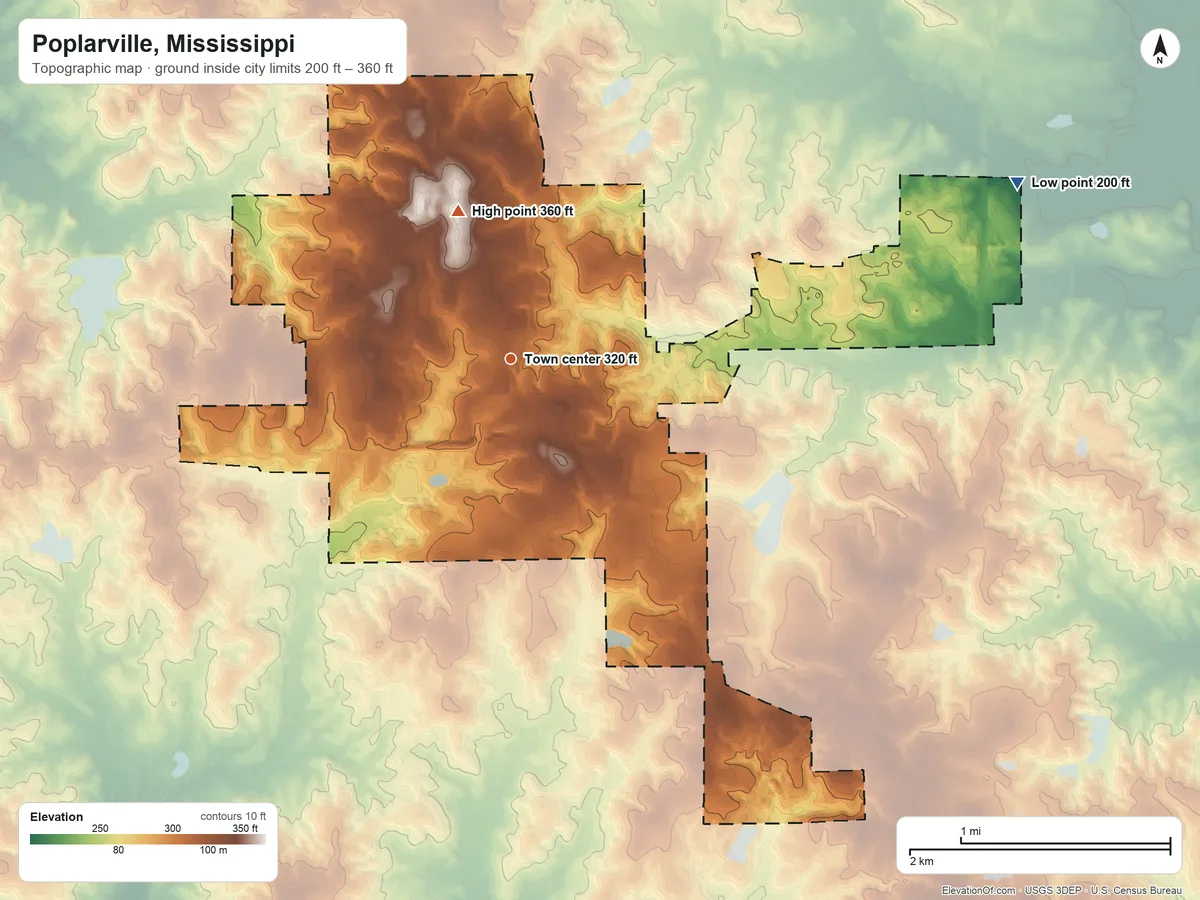 Topographic elevation map of Poplarville, Mississippi, shaded from 200 ft on the east side to 360 ft on the north side