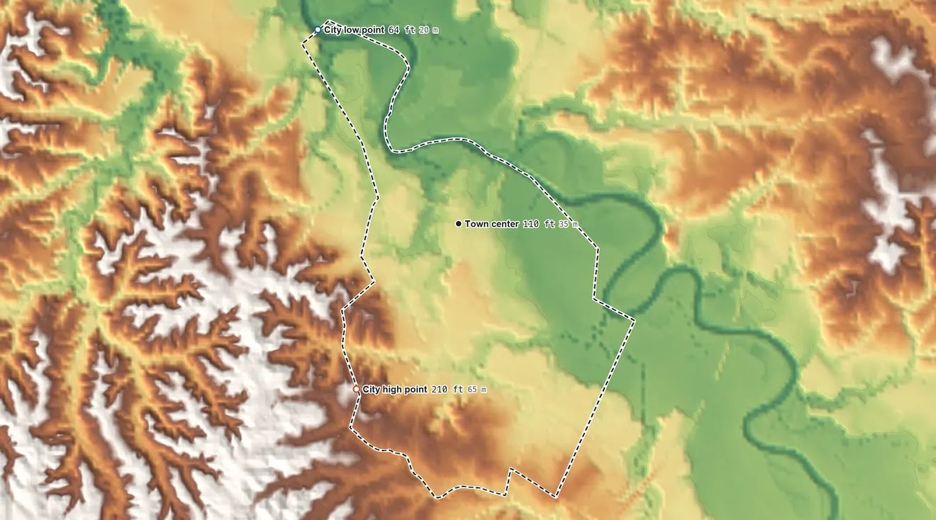 Topographic elevation map of Port Gibson, Mississippi, shaded from 64 ft on the northwest side to 210 ft on the southwest side