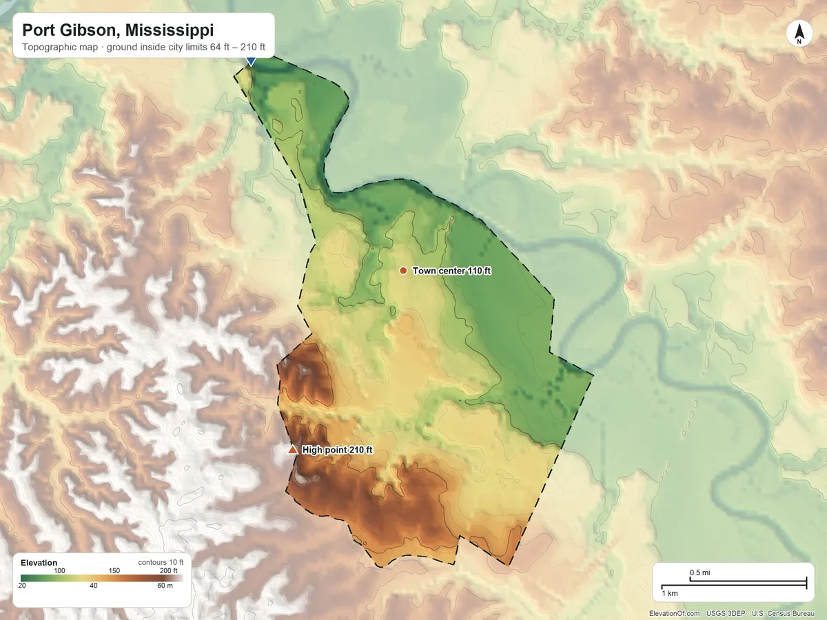 Topographic elevation map of Port Gibson, Mississippi, shaded from 64 ft on the northwest side to 210 ft on the southwest side