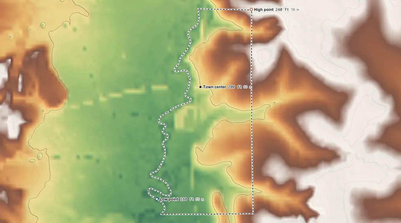 Topographic elevation map of Porterville, Mississippi, shaded from 180 ft on the south side to 240 ft on the northeast side