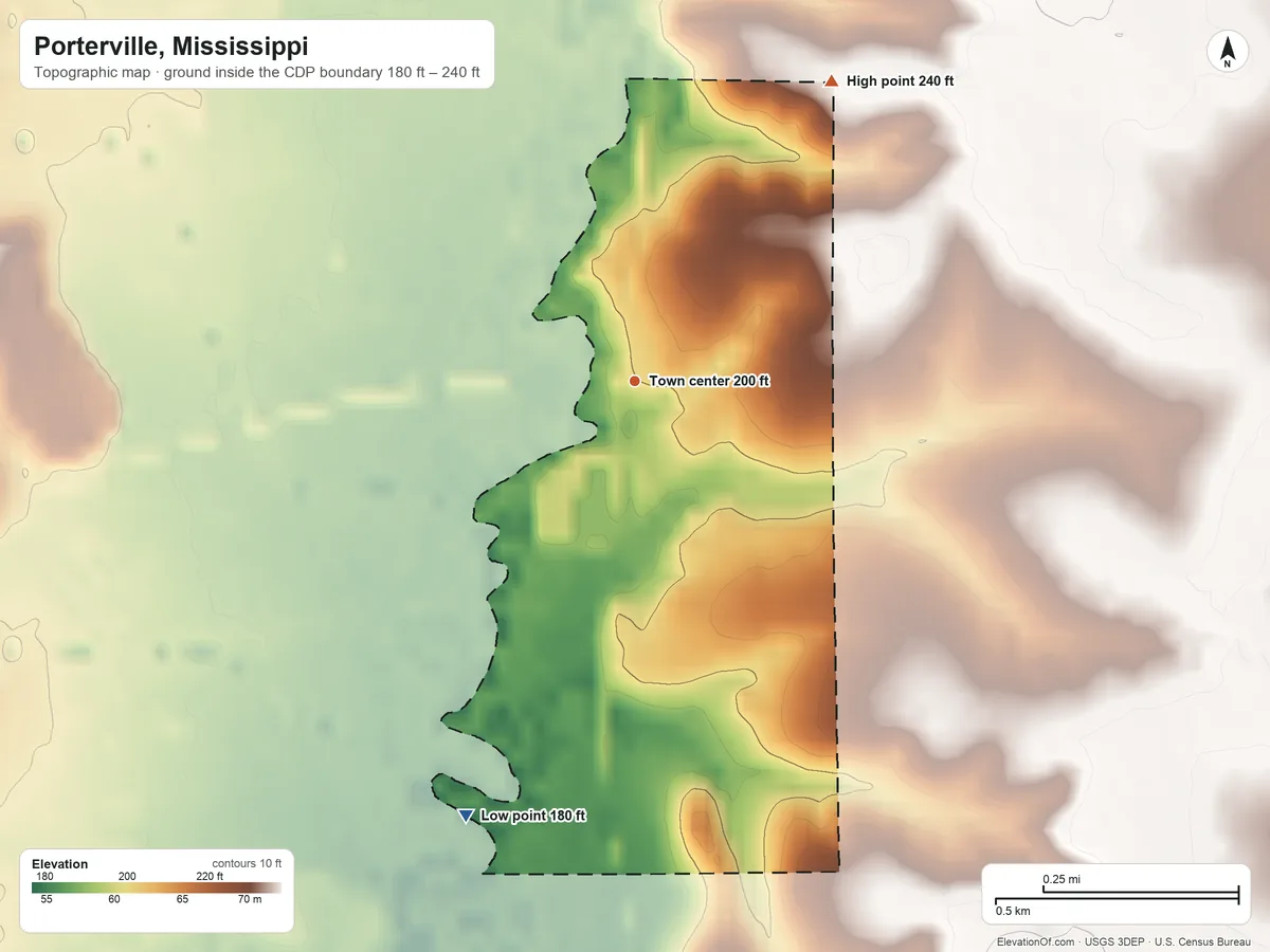 Topographic elevation map of Porterville, Mississippi, shaded from 180 ft on the south side to 240 ft on the northeast side