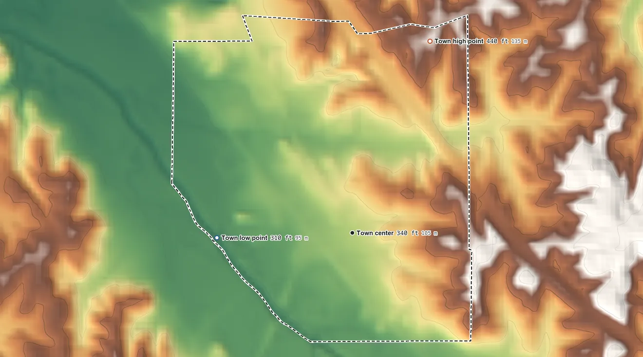 Topographic elevation map of Potts Camp, Mississippi, shaded from 310 ft on the west side to 440 ft on the north side