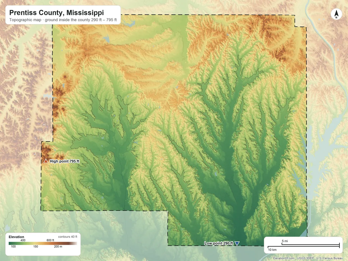 Topographic elevation map of Prentiss County, Mississippi, shaded from 290 ft on the southeast side to 795 ft on Lebanon Mountain