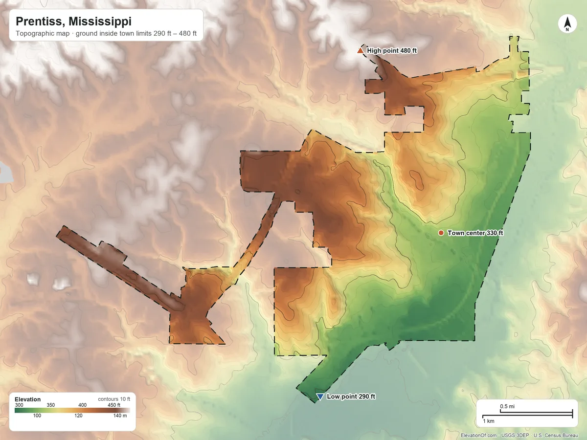 Topographic elevation map of Prentiss, Mississippi, shaded from 290 ft on the southwest side to 480 ft on the northwest side