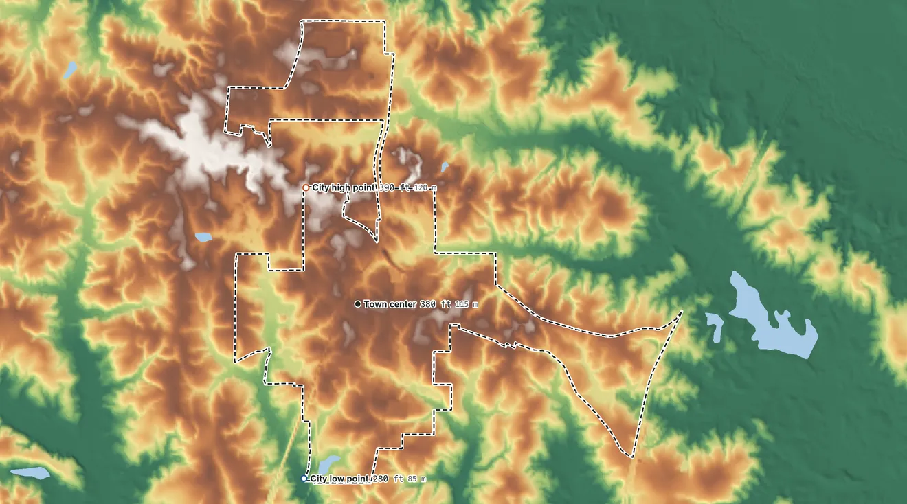 Topographic elevation map of Purvis, Mississippi, shaded from 280 ft on the south side to 390 ft on the northwest side