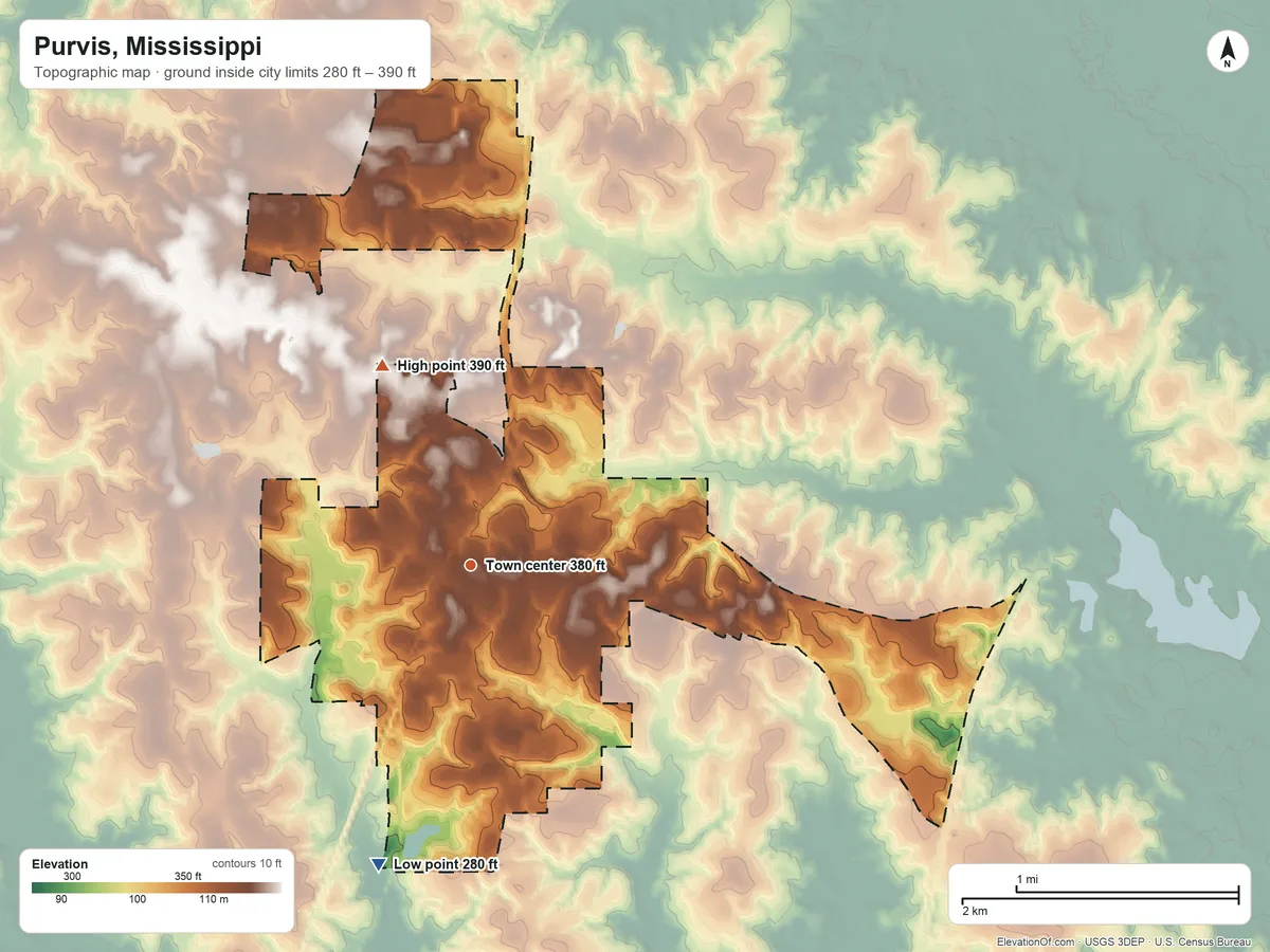 Topographic elevation map of Purvis, Mississippi, shaded from 280 ft on the south side to 390 ft on the northwest side