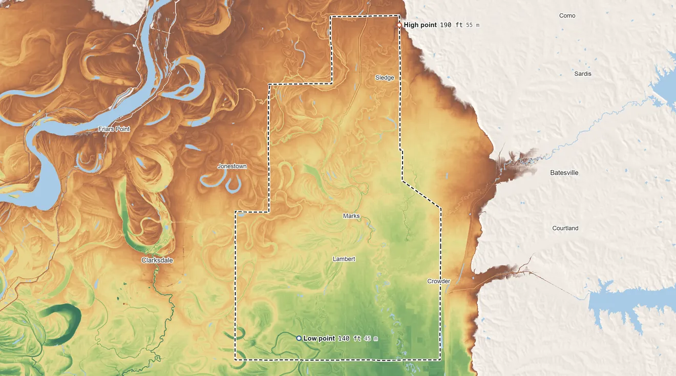Topographic elevation map of Quitman County, Mississippi, shaded from 140 ft on the south side to 190 ft on the north side