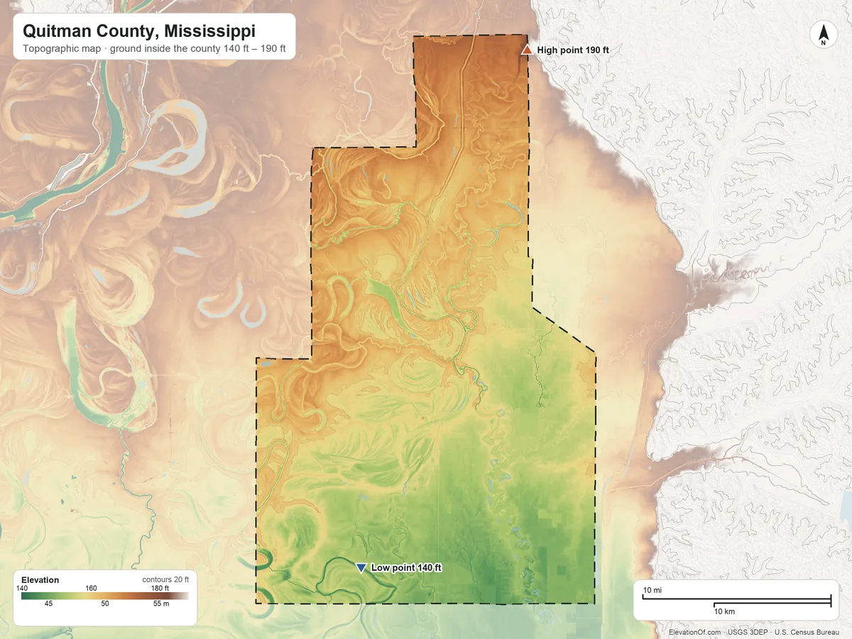 Topographic elevation map of Quitman County, Mississippi, shaded from 140 ft on the south side to 190 ft on the north side