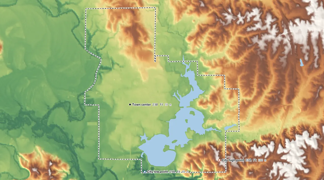 Topographic elevation map of Quitman, Mississippi, shaded from 190 ft on the south side to 330 ft on the southeast side