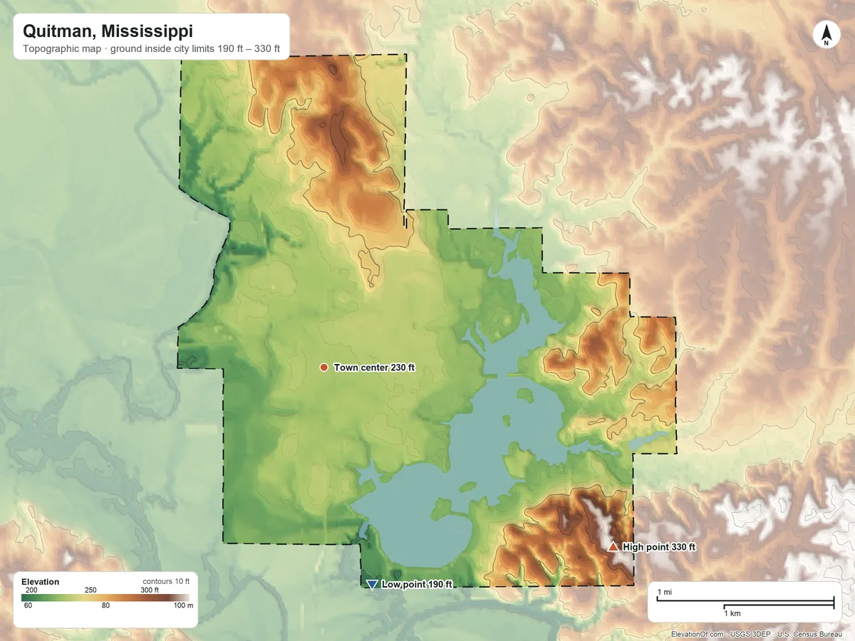 Topographic elevation map of Quitman, Mississippi, shaded from 190 ft on the south side to 330 ft on the southeast side