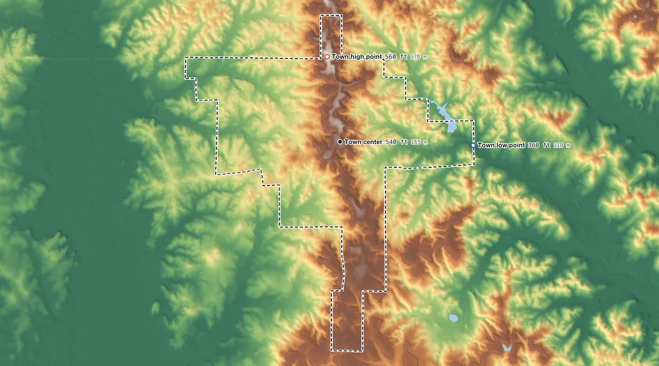 Topographic elevation map of Raleigh, Mississippi, shaded from 360 ft on the east side to 560 ft on the north side