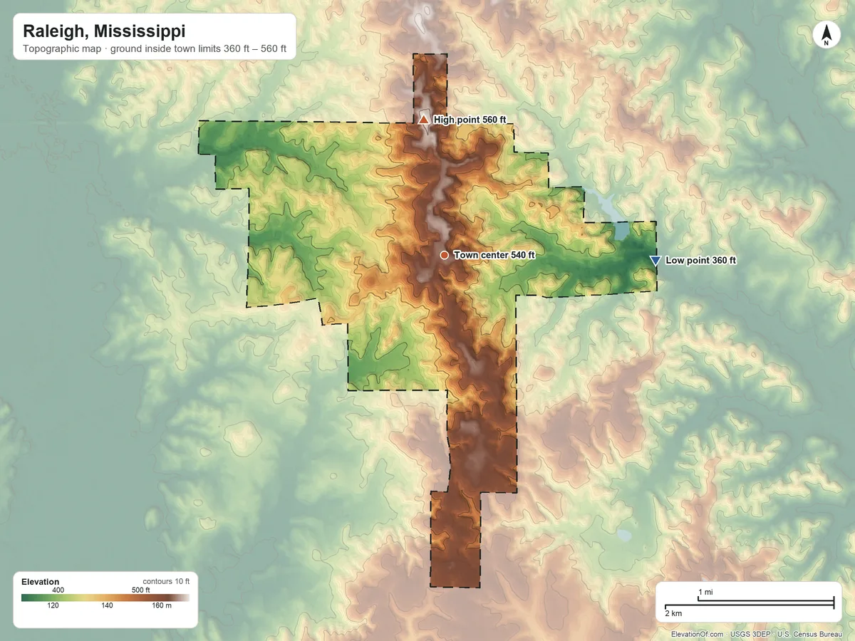 Topographic elevation map of Raleigh, Mississippi, shaded from 360 ft on the east side to 560 ft on the north side
