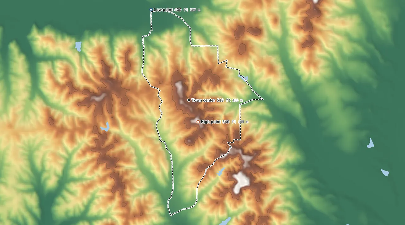 Topographic elevation map of Randolph, Mississippi, shaded from 400 ft on the northwest side to 540 ft near the middle