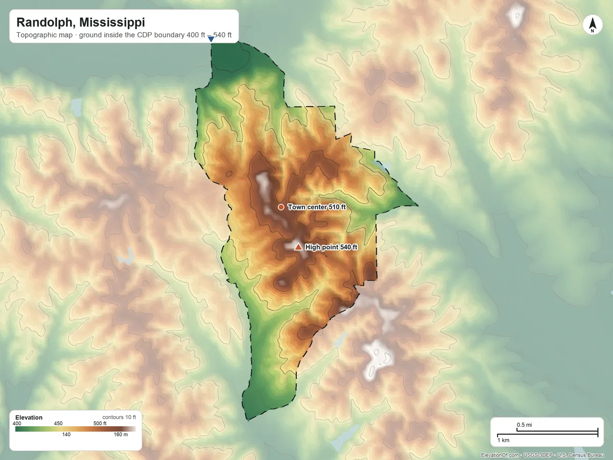 Topographic elevation map of Randolph, Mississippi, shaded from 400 ft on the northwest side to 540 ft near the middle