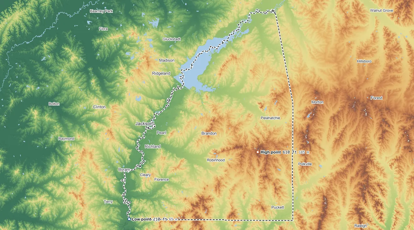 Topographic elevation map of Rankin County, Mississippi, shaded from 210 ft on the southwest side to 610 ft on the southeast side