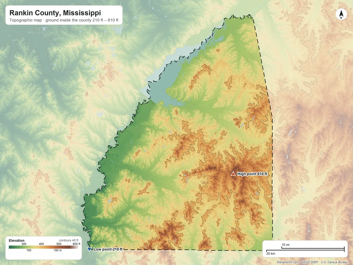 Topographic elevation map of Rankin County, Mississippi, shaded from 210 ft on the southwest side to 610 ft on the southeast side