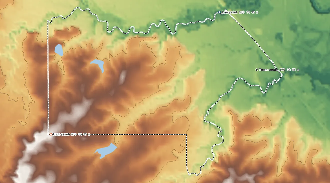 Topographic elevation map of Rawls Springs, Mississippi, shaded from 150 ft on the northwest side to 250 ft on the west side