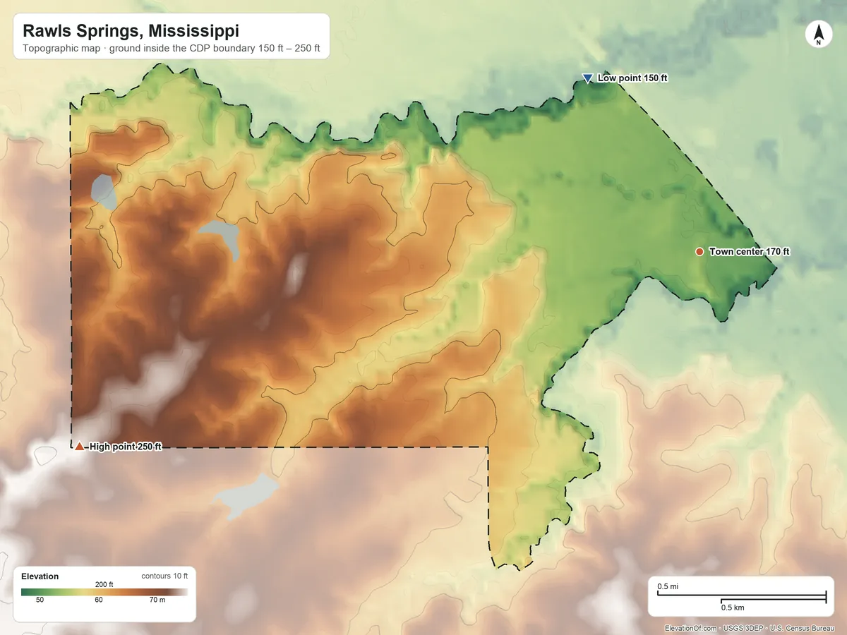 Topographic elevation map of Rawls Springs, Mississippi, shaded from 150 ft on the northwest side to 250 ft on the west side