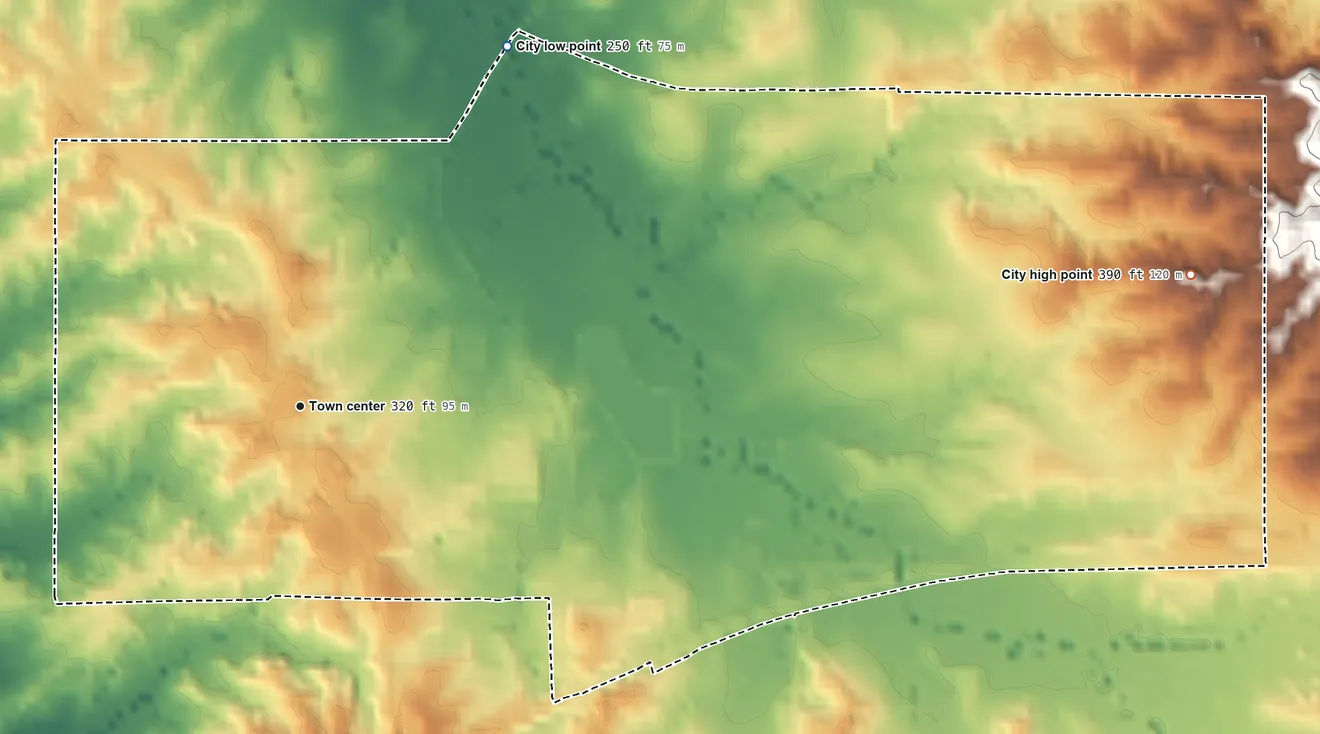 Topographic elevation map of Raymond, Mississippi, shaded from 250 ft on the northeast side to 390 ft on the east side