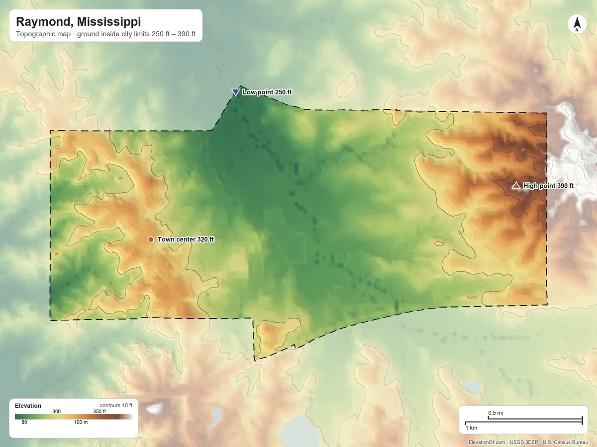 Topographic elevation map of Raymond, Mississippi, shaded from 250 ft on the northeast side to 390 ft on the east side
