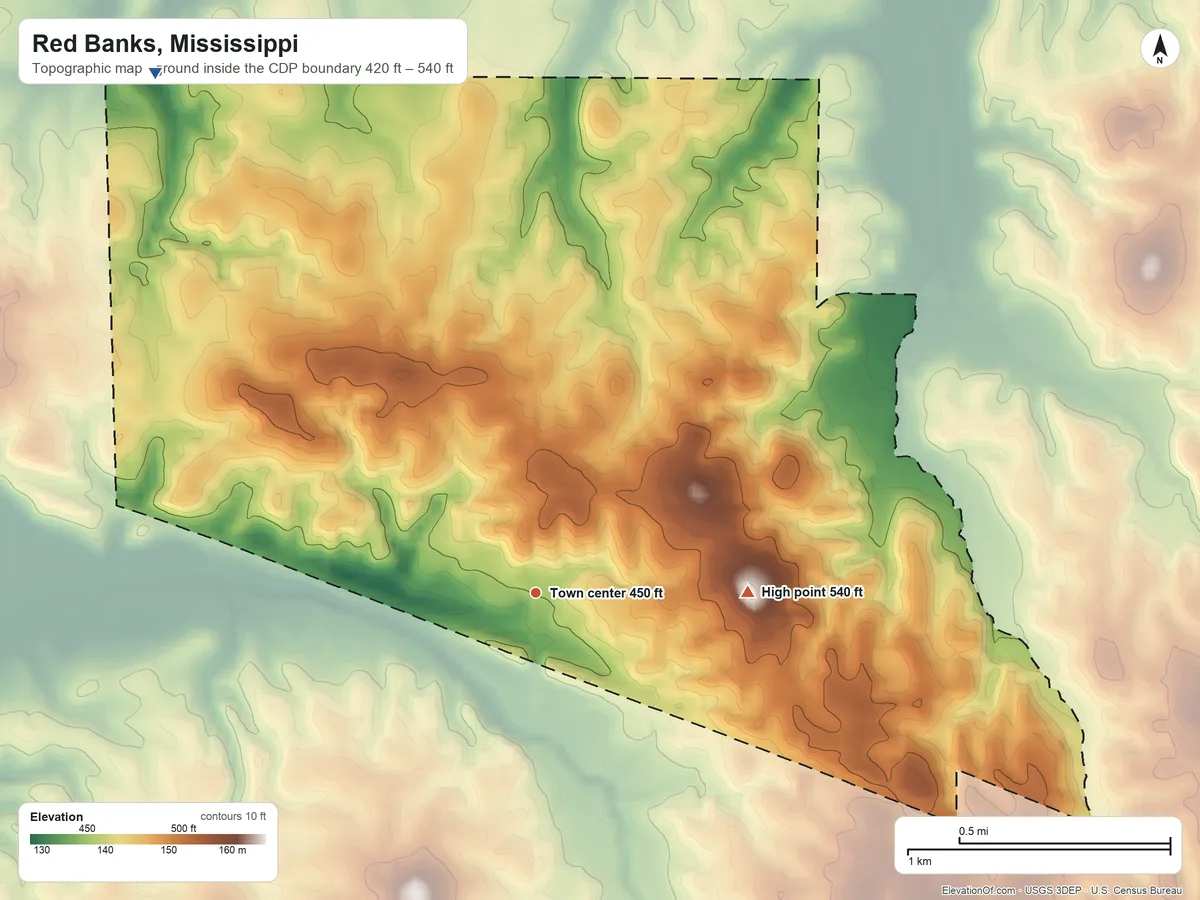 Topographic elevation map of Red Banks, Mississippi, shaded from 420 ft on the northwest side to 540 ft on the east side