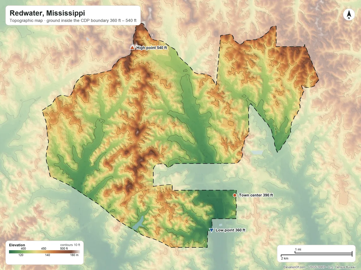 Topographic elevation map of Redwater, Mississippi, shaded from 360 ft on the southwest side to 540 ft on the northwest side