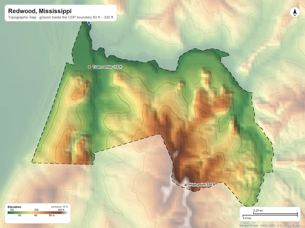 Topographic elevation map of Redwood, Mississippi, shaded from 83 ft on the north side to 330 ft on the southeast side